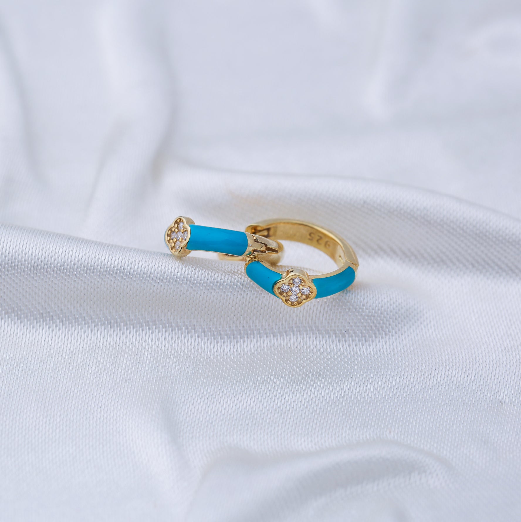 Elegant Gold-Plated Hoop Earrings with Turquoise Enamel and Crystal Accents