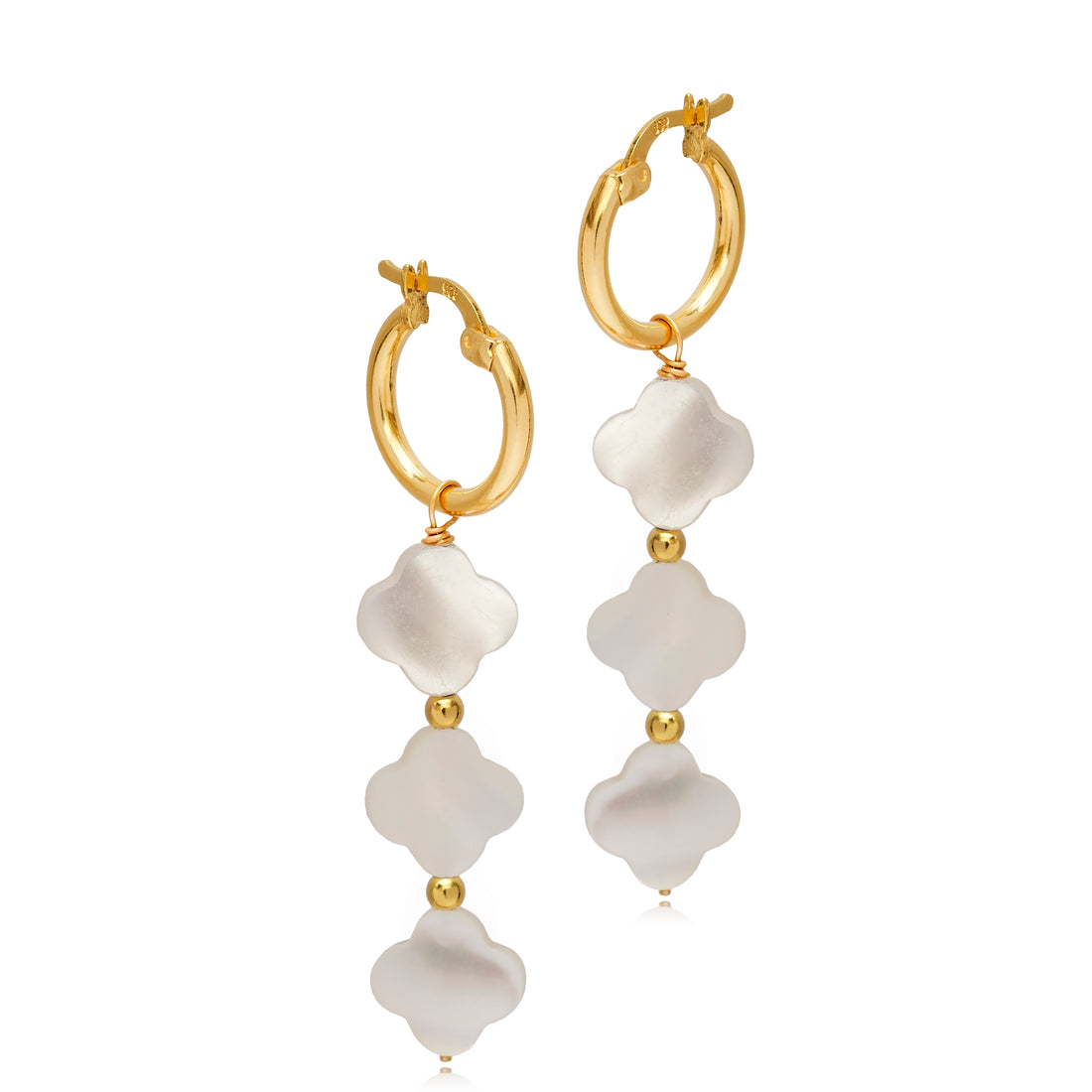 Clover Mother of Pearl 925 Sterling Silver Long Hoop Earrings