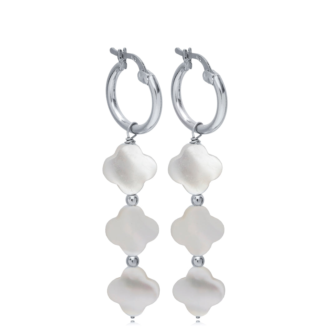 Clover Mother of Pearl 925 Sterling Silver Long Hoop Earrings