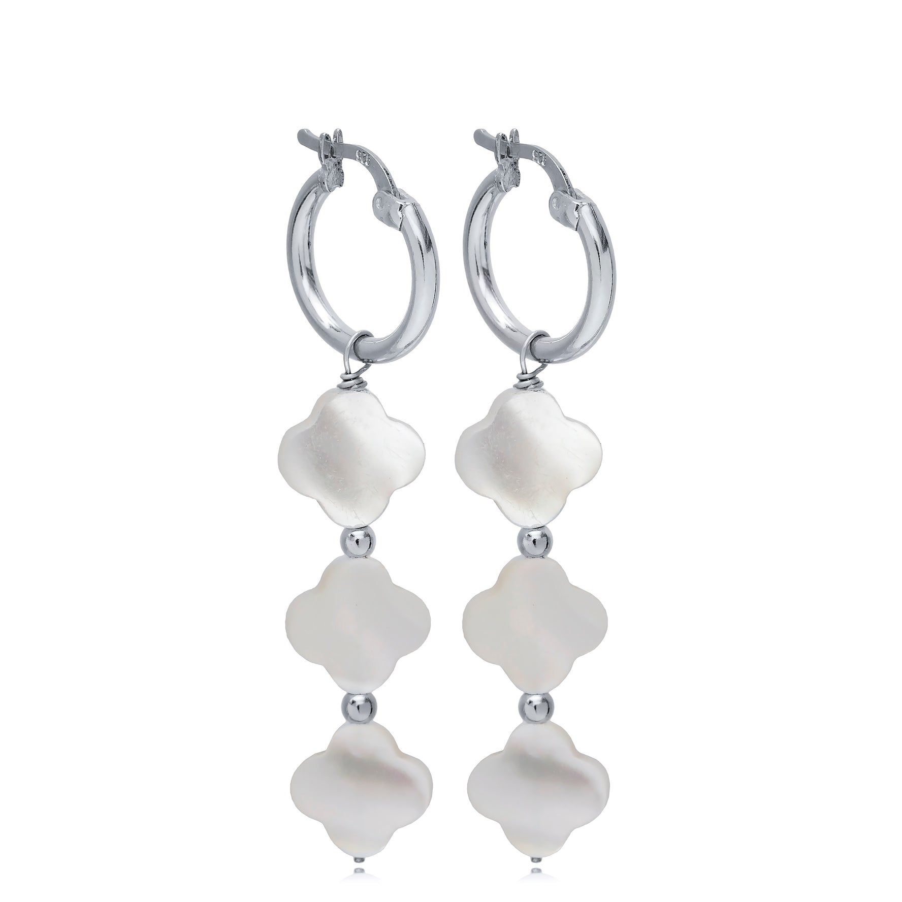 Clover Mother of Pearl 925 Sterling Silver Long Hoop Earrings